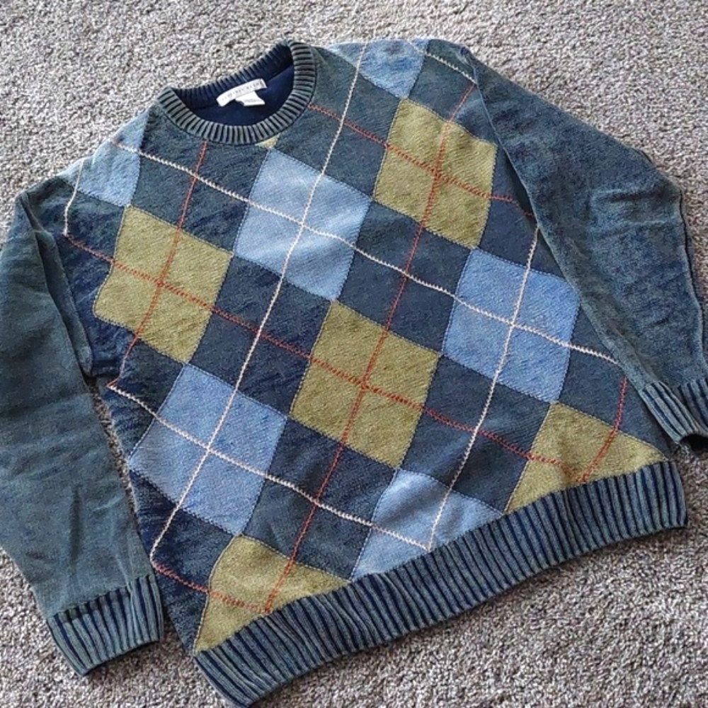Men's Geoffrey Beene sweater, gray, blue, and gold, medium